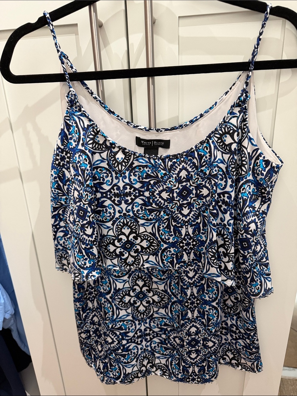 White House Black Market Blue, White & Black Printed Camisole